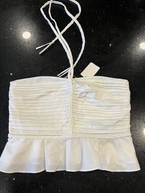 Veronica Beard White Braided Halter Pleated Crop Top